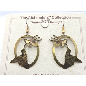 Artisan Brass & Copper Hummingbird Earrings Flower Dangle Alchemists Collection